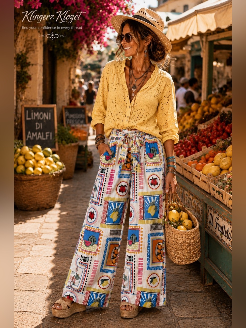 Joie Linen Blend Mediterranean Fruit Print Wide Leg Pants | Size Large